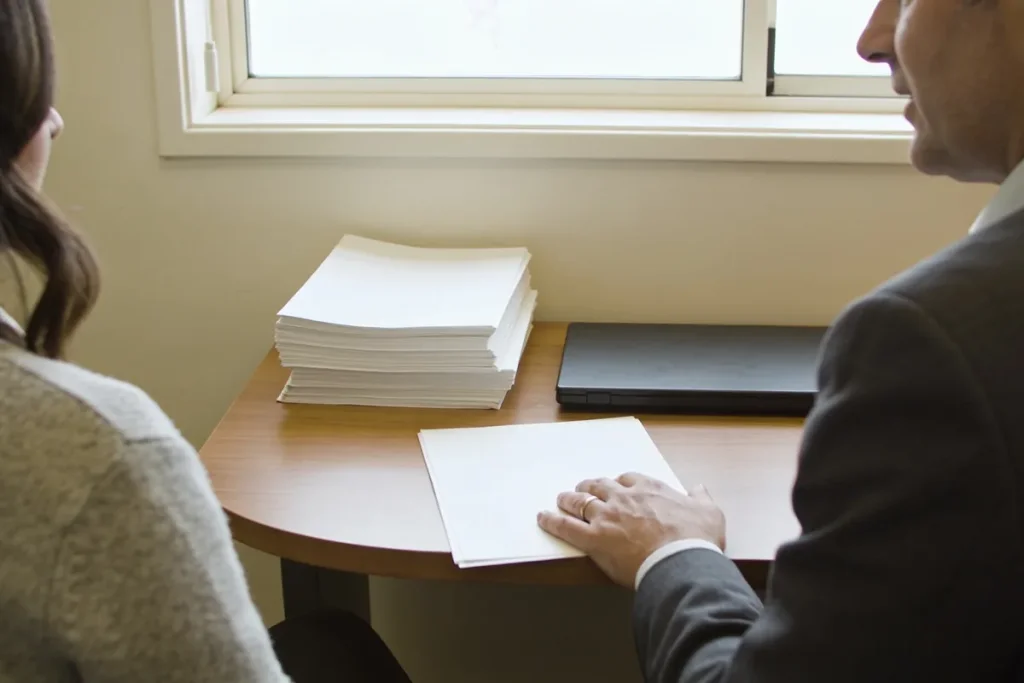 A client and an accountant sit across a small wooden desk in a bright Australian office, the accountant's hand on a neat stack of blank papers beside a closed laptop, both angled away from the camera