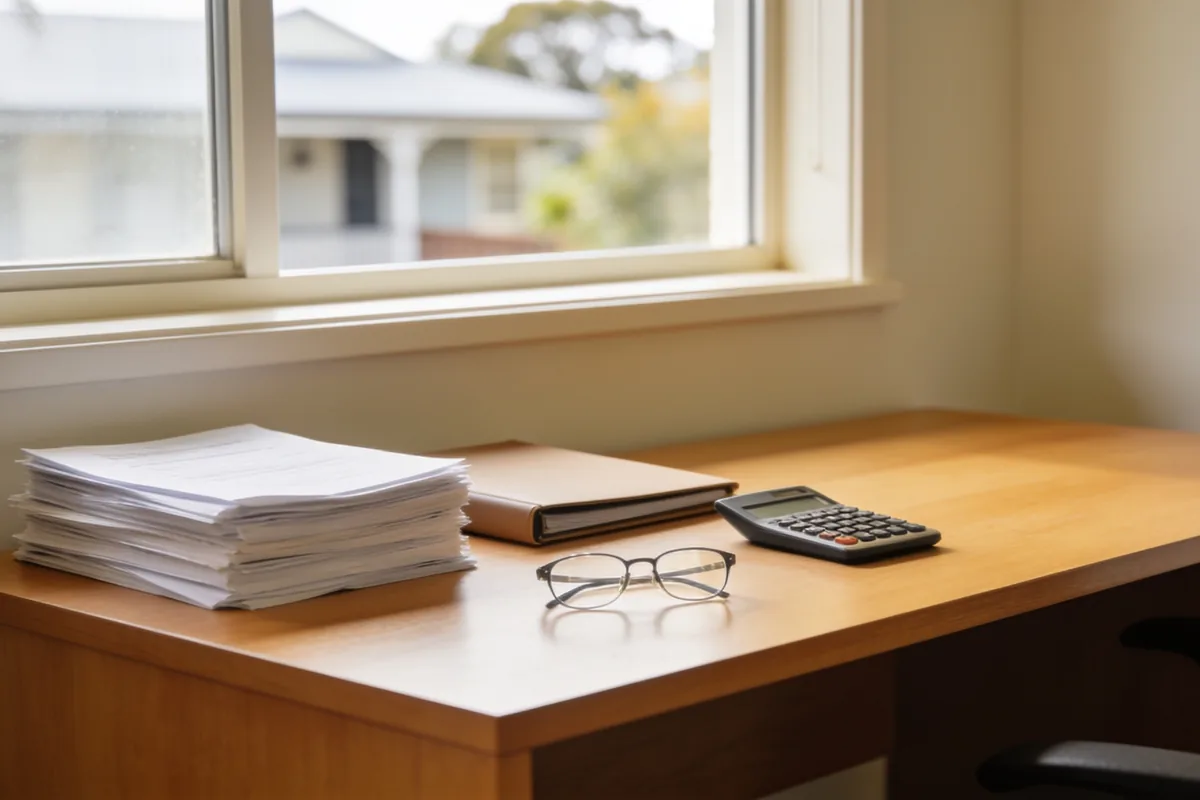 A neat stack of paperwork, a closed folder, a calculator and reading glasses on a clean timber desk beside a window in an Australian home office in soft daylight