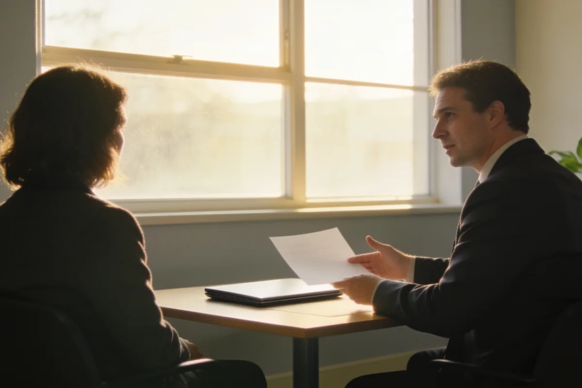 An accountant and a client seated across a small meeting table in a bright Australian office, the accountant gesturing at a blank paper document with a closed laptop between them