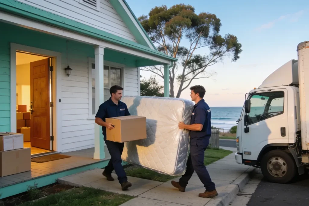 Two removalists in navy workwear carry a cardboard box and a wrapped mattress down the path of a weatherboard house to a white removal truck on a coastal Australian street in pale morning light