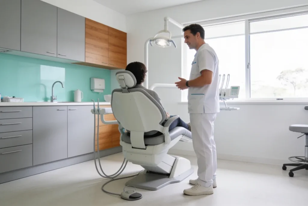 A dentist in clean clinical wear stands beside a dental chair talking with a seated patient in a bright, calm modern Australian dental surgery, white and pale aqua-mint tones with soft daylight from a large window
