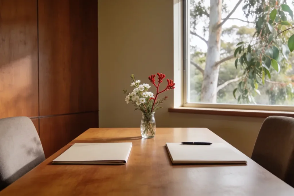 A quiet funeral home arrangement room with two closed folders, a pen and a vase of waxflower and kangaroo paw on a timber table beside a window onto gum trees