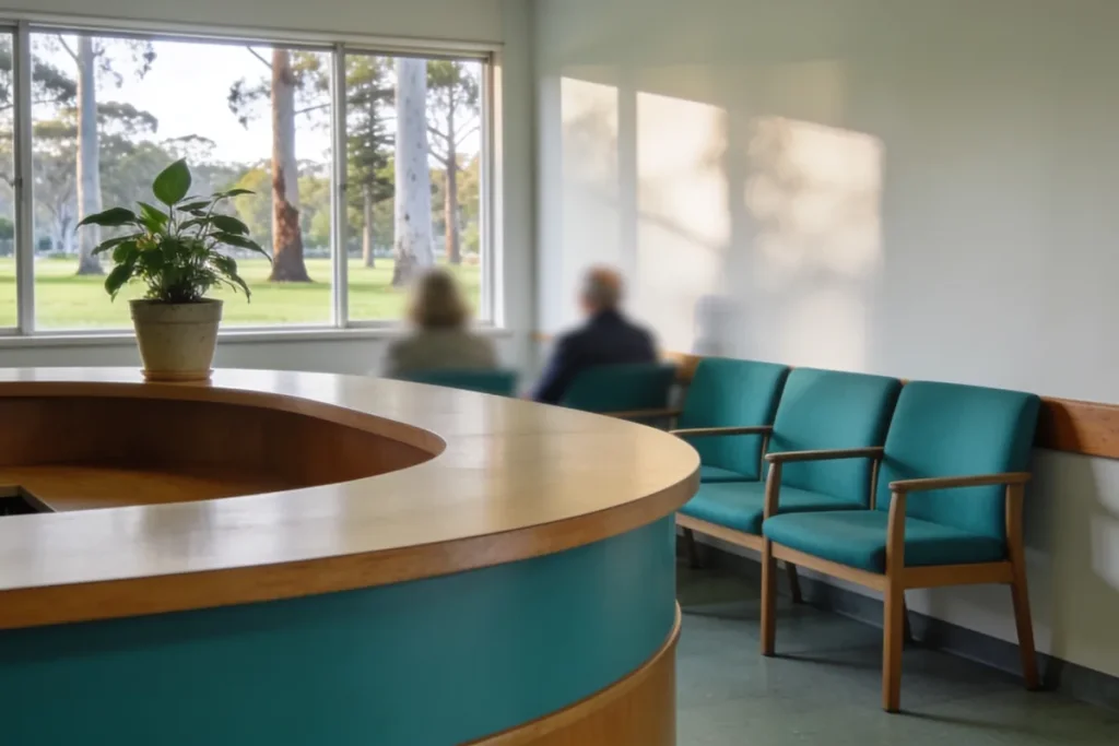 Reception desk and teal waiting-room chairs in a suburban GP clinic, with two blurred patients seated by a window onto gum trees