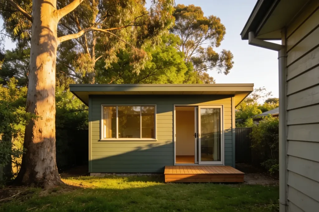 A small finished granny flat with a sliding glass door and timber deck in a Melbourne backyard beside a gum tree, the main weatherboard house at the edge of frame