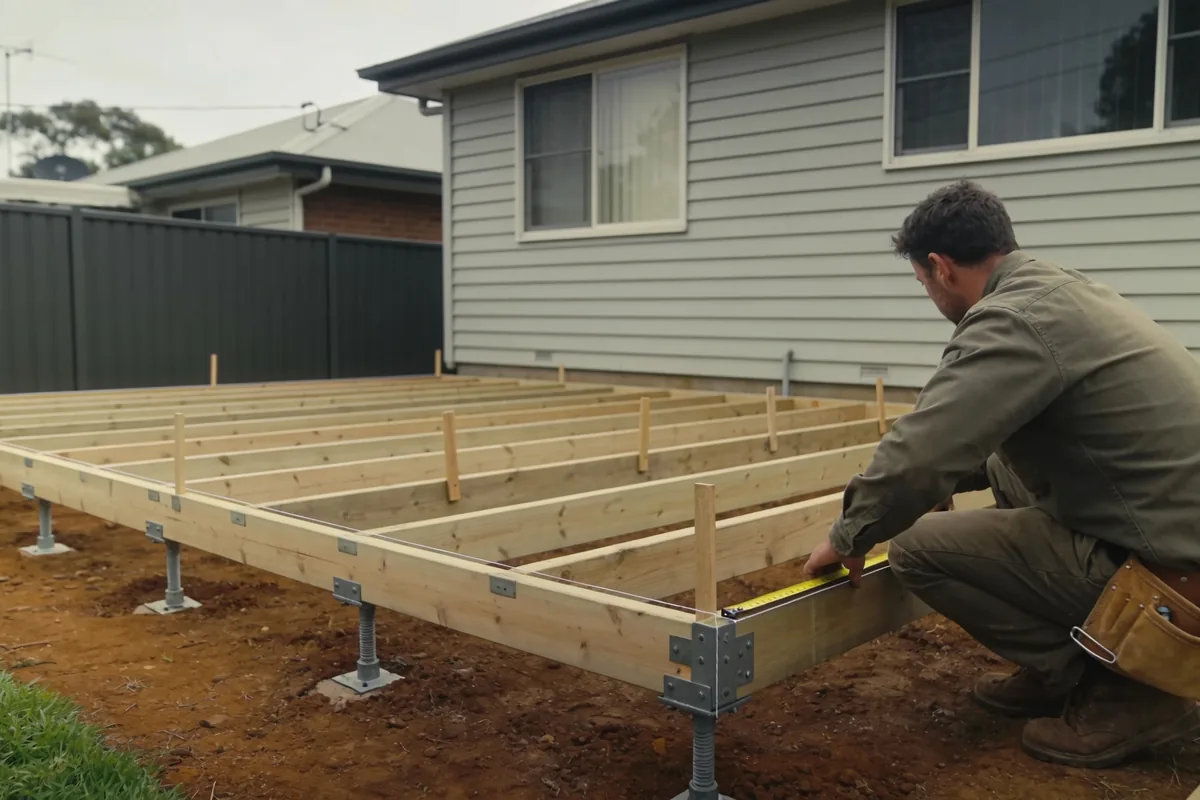 A builder measuring a timber floor frame on steel stumps for a backyard granny flat, with string lines and pegs set out and the main house behind