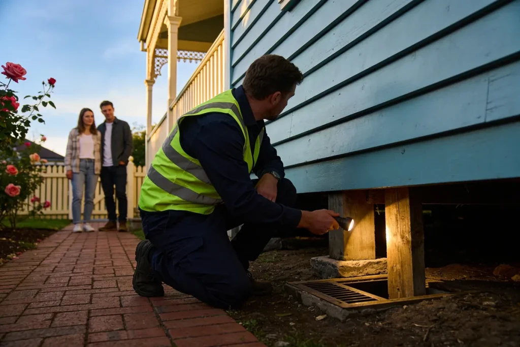 A building inspector in a hi-vis vest shining a torch on the timber stumps under a Melbourne weatherboard house while a couple watches from the garden path.