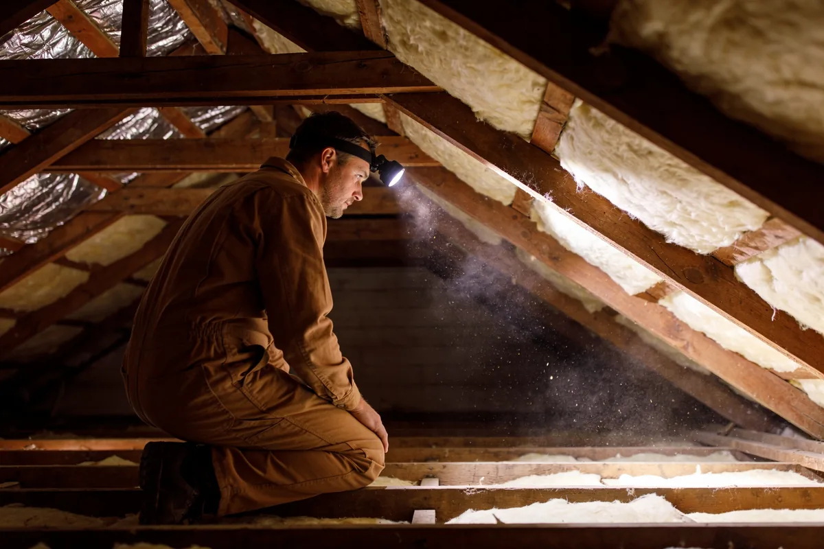 A building inspector with a head torch kneeling on the ceiling joists of an older house roof space, checking the rafters, foil sarking and insulation batts.